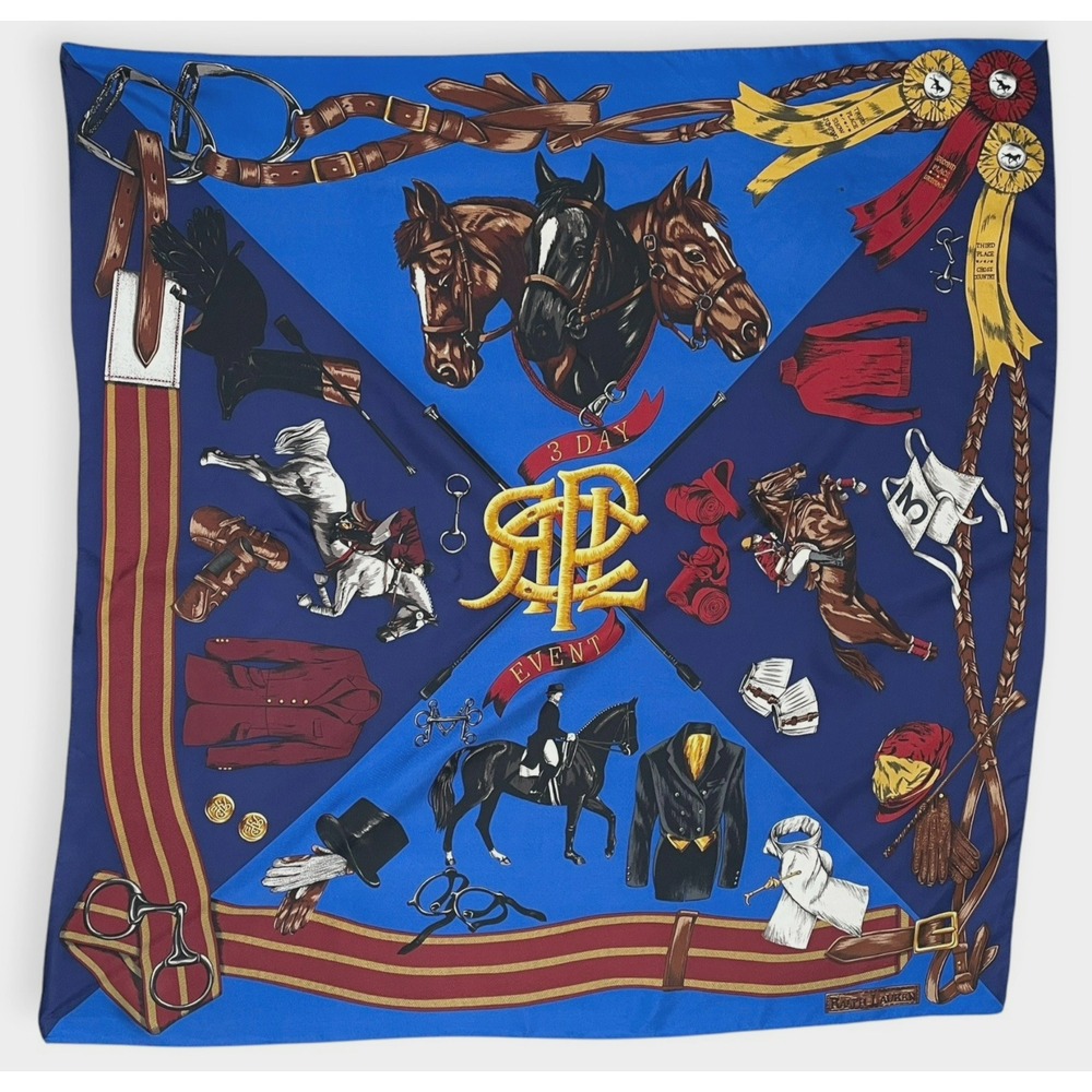 Ralph Lauren Silk Equestrian Print Scarf 35" Square Maximalist Preppy Old Money